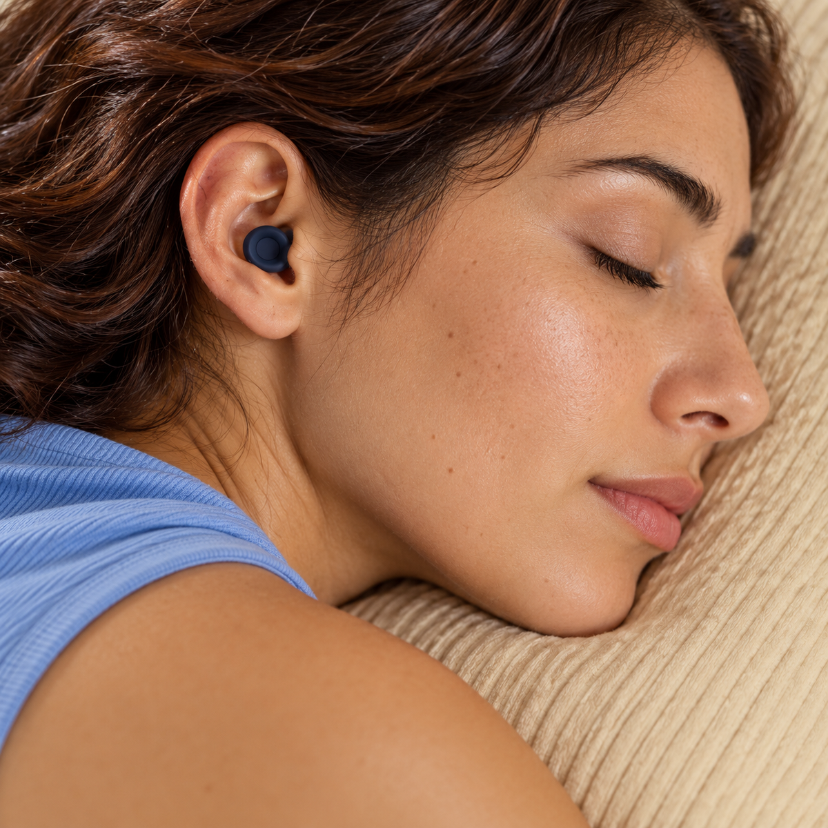 Mulher dormindo usando o protetor auricular Para dormir